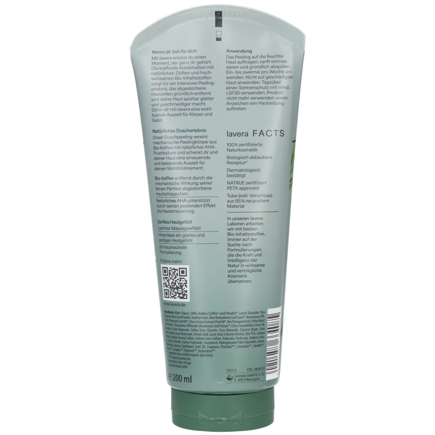 Rückseite der Lavera Duschpeeling Purify Me Tube mit Anwendungshinweisen und Inhaltsstoffen. 200 ml.