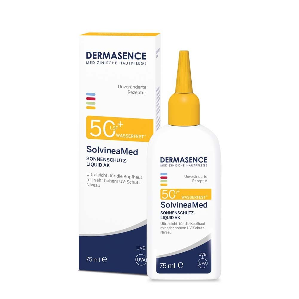 Weiße Flasche mit gelbem Verschluss. Aufschrift: DERMASENCE SolvineaMed Sonnenschutz-Liquid AK LSF 50+.