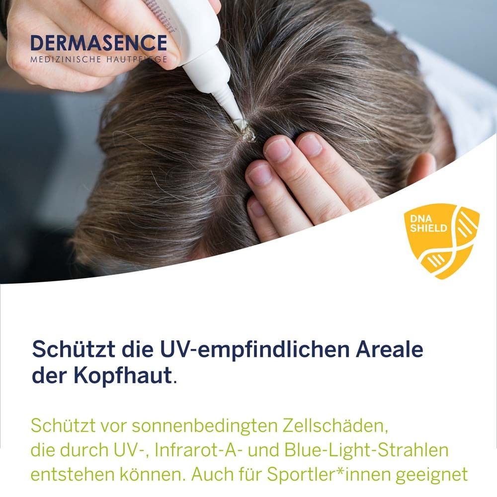 Person trägt das Produkt auf die Kopfhaut auf. Text: Schützt die UV-empfindlichen Areale der Kopfhaut.