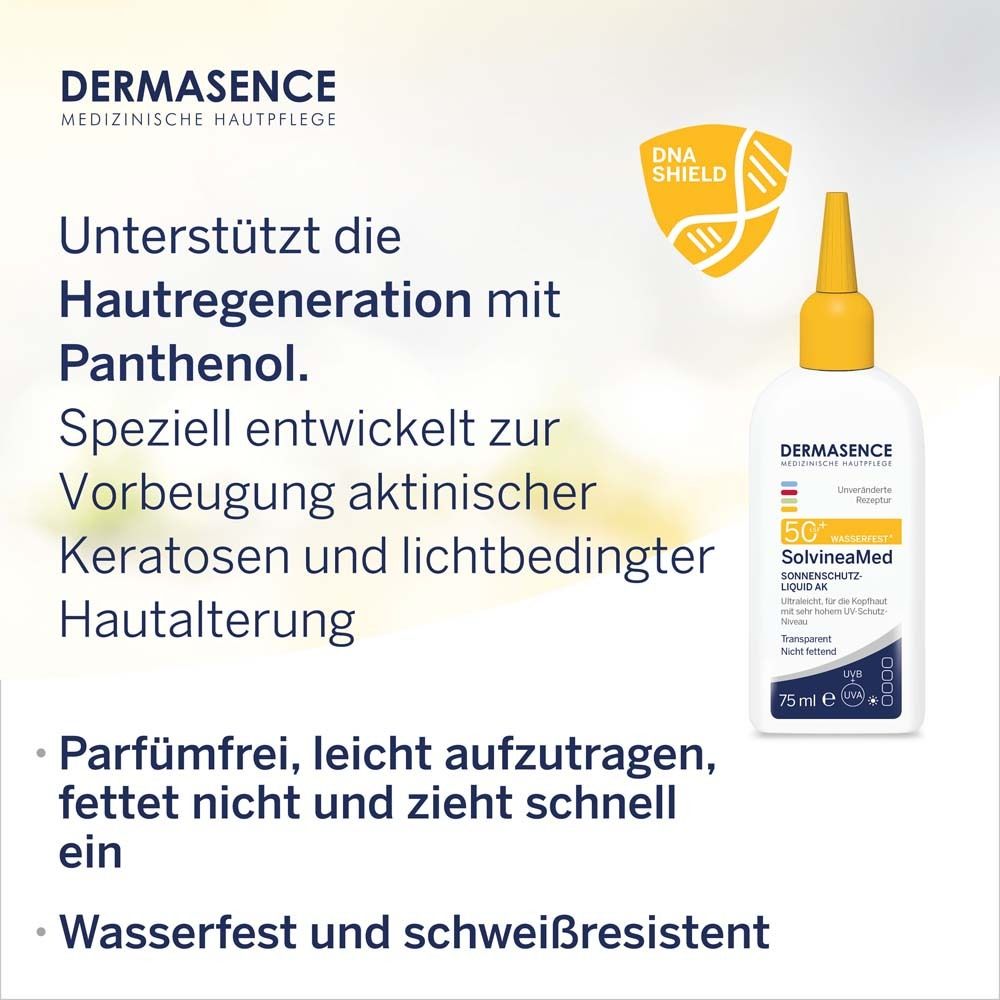 Produktflasche und Text: Unterstützt die Hautregeneration mit Panthenol. Parfümfrei, leicht aufzutragen, fettet nicht.