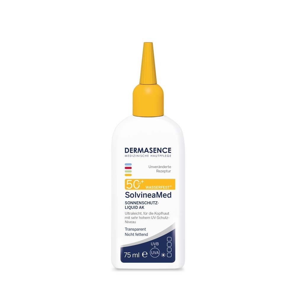 Weiße Flasche mit gelbem Verschluss. Aufschrift: DERMASENCE SolvineaMed Sonnenschutz-Liquid AK LSF 50+.