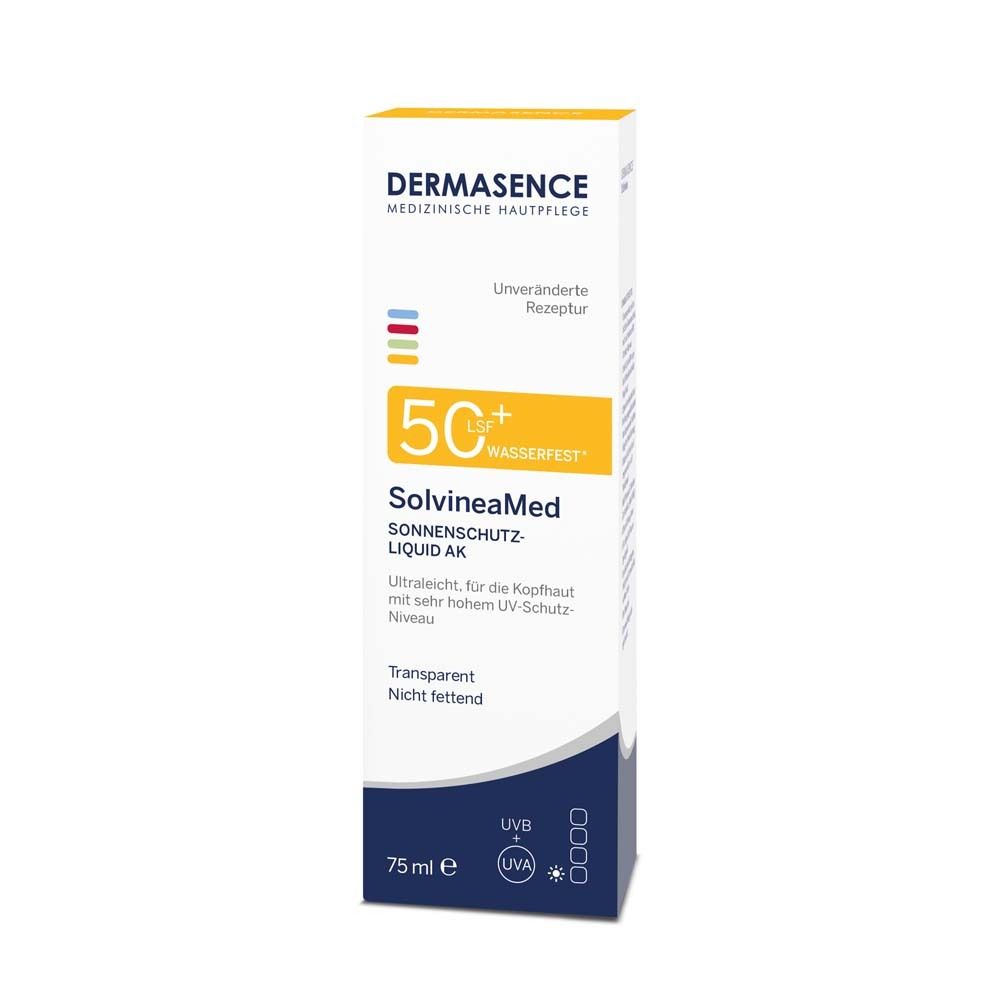 Produktverpackung. Aufschrift: DERMASENCE SolvineaMed Sonnenschutz-Liquid AK LSF 50+. 75 ml.