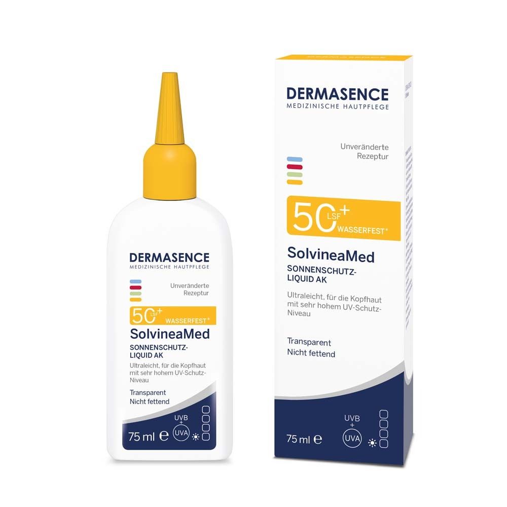 Produktflasche und Verpackung. Aufschrift: DERMASENCE SolvineaMed Sonnenschutz-Liquid AK LSF 50+.