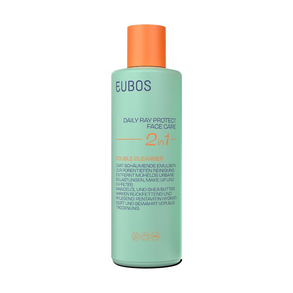 Grüne Flasche mit orangefarbenem Deckel. EUBOS Daily Ray Protect Double Cleanser 2in1.