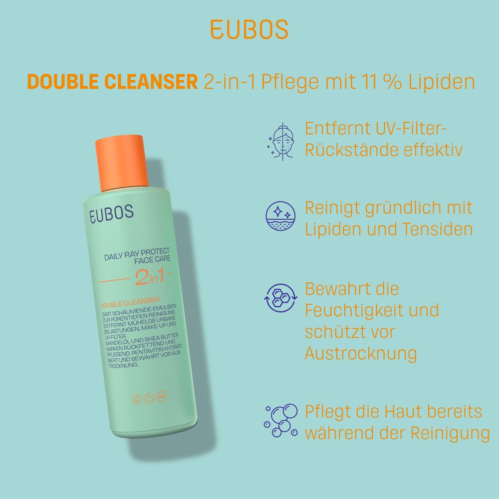 EUBOS Double Cleanser 2in1. Text mit Produktvorteilen und Icons.