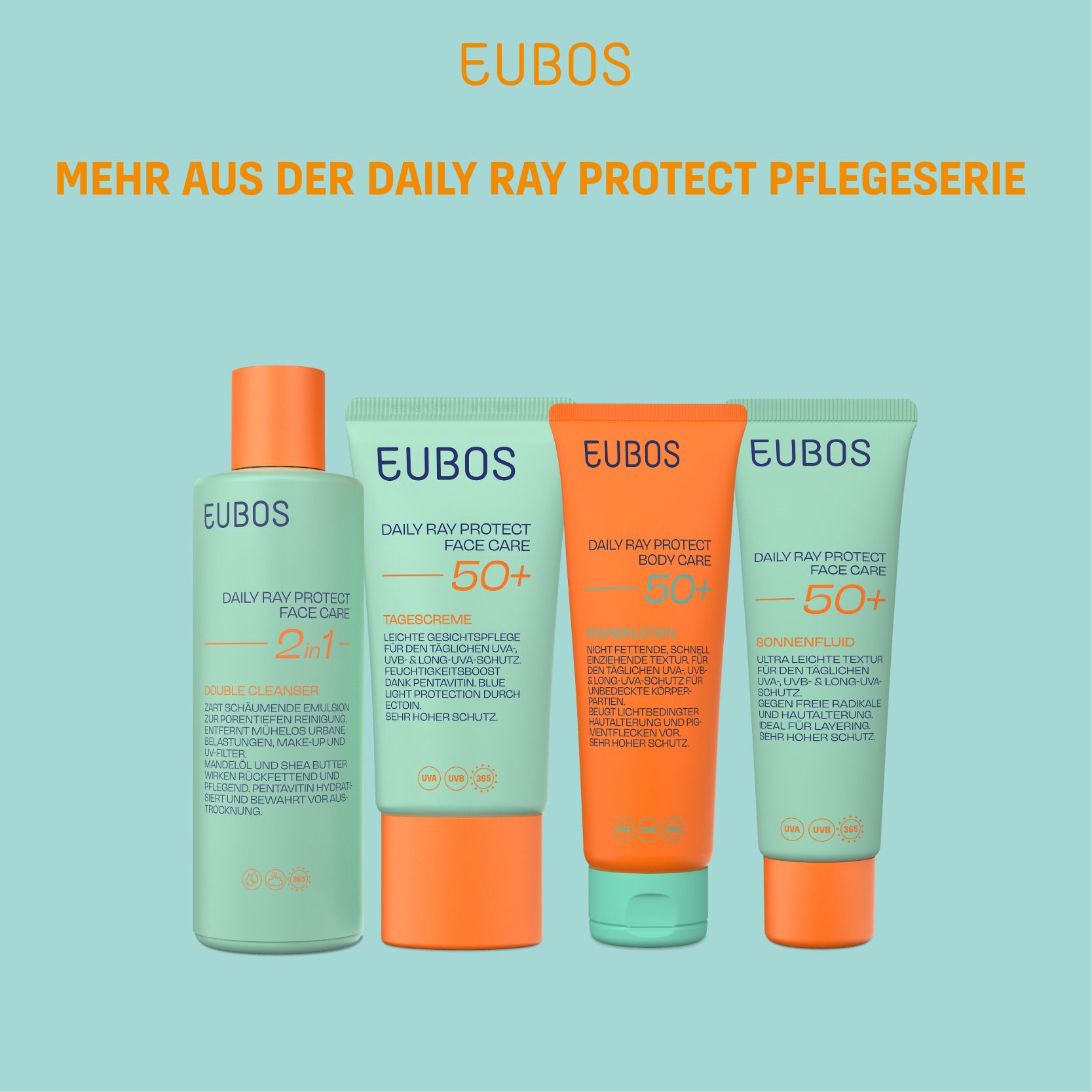 Vier Produkte der EUBOS Daily Ray Protect Pflegeserie. Flaschen und Tuben.