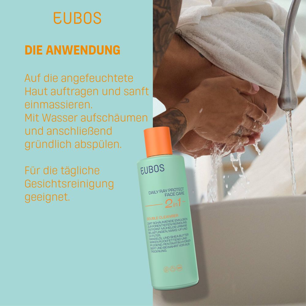 Mann wäscht Gesicht. EUBOS Daily Ray Protect 2in1. Text: Anwendung.
