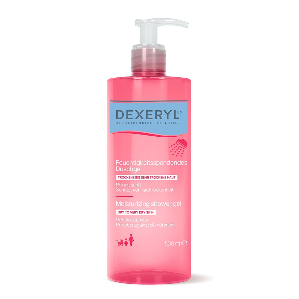 DEXERYL Feuchtigkeitsspendendes Duschgel. 500ml Flasche mit Pumpspender. Für trockene bis sehr trockene Haut.