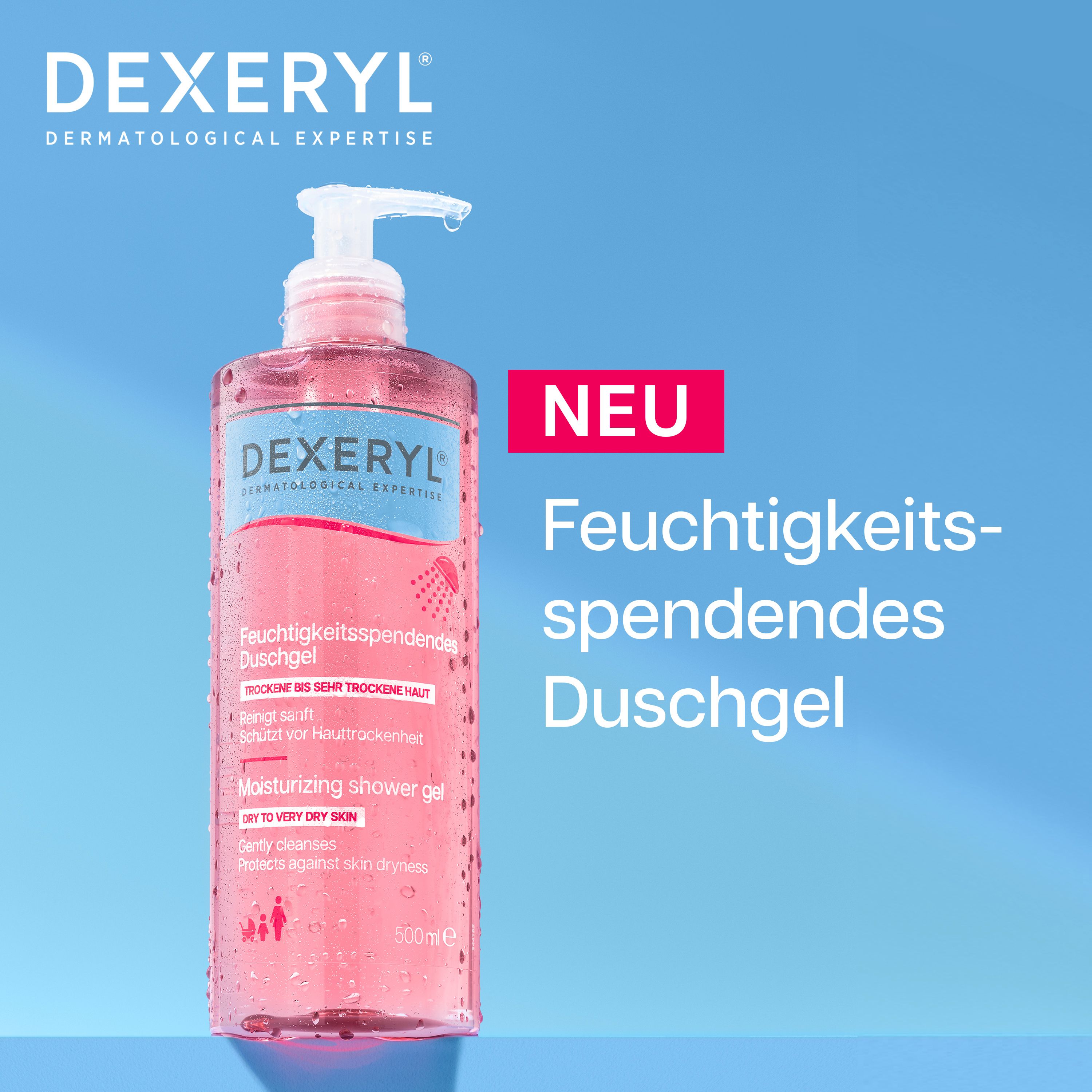 DEXERYL Feuchtigkeitsspendendes Duschgel. Rosa Gel in Pumpspender. NEU.