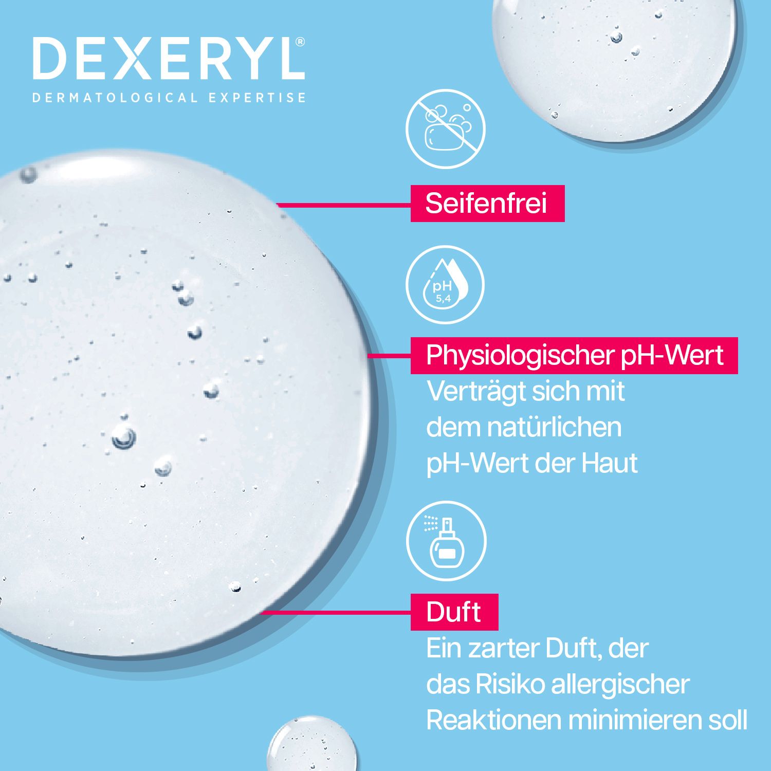 DEXERYL: Seifenfrei, physiologischer pH-Wert, zarter Duft. Klare Geltextur mit Bläschen.