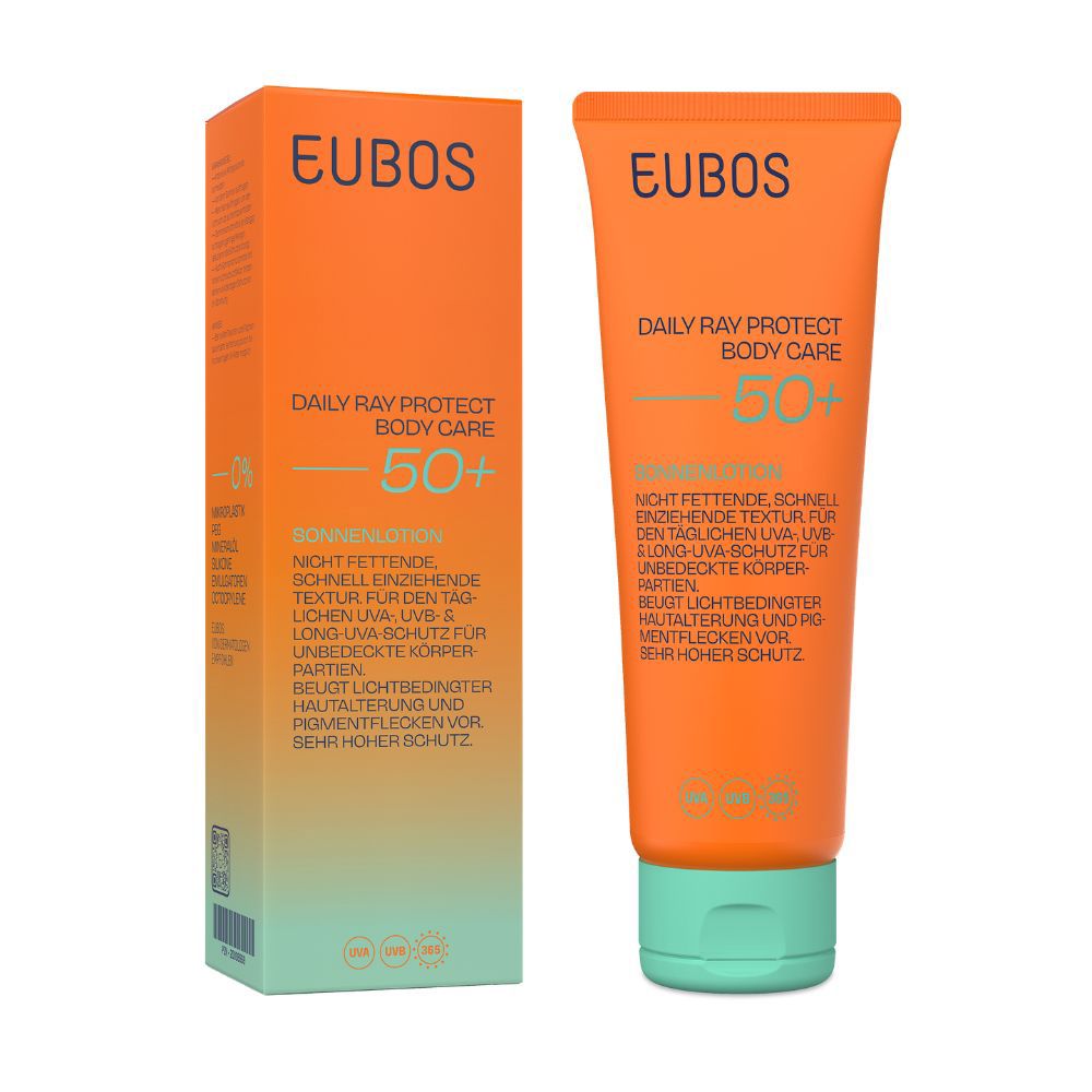 EUBOS Daily Ray Protect Body Care LSF 50+ Sonnenlotion und Verpackung. Orange Tube und Box mit Text.