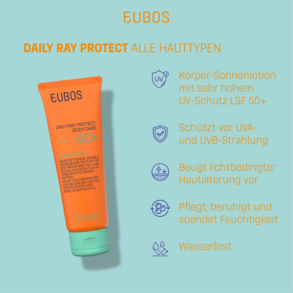 EUBOS Daily Ray Protect Body Care LSF 50+ Tube. Text und Icons auf blauem Hintergrund. Orange Tube.