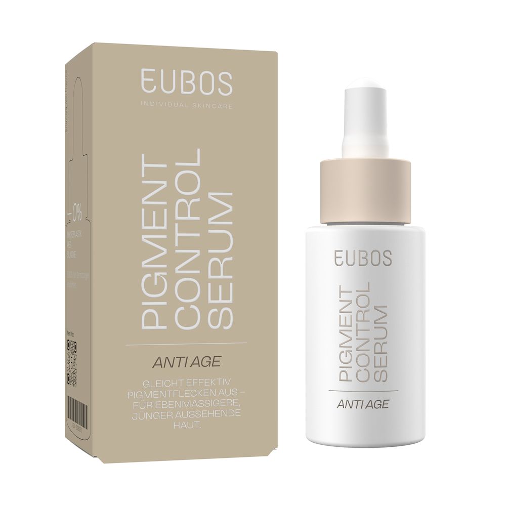Serumflasche und Verpackung. Aufschrift: EUBOS, Pigment Control Serum, Anti Age. Beige Verpackung.