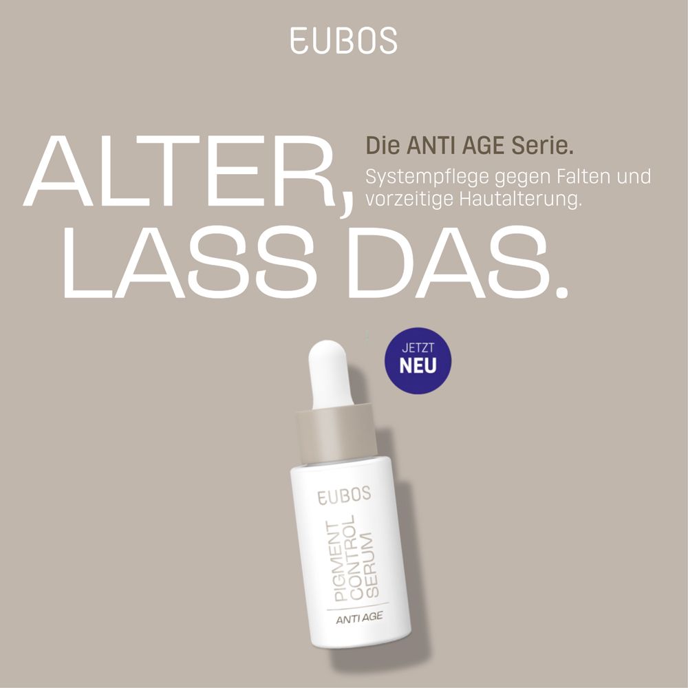 Serumflasche. Aufschrift: EUBOS, Pigment Control Serum, Anti Age. Text: Alter, lass das. Neu.