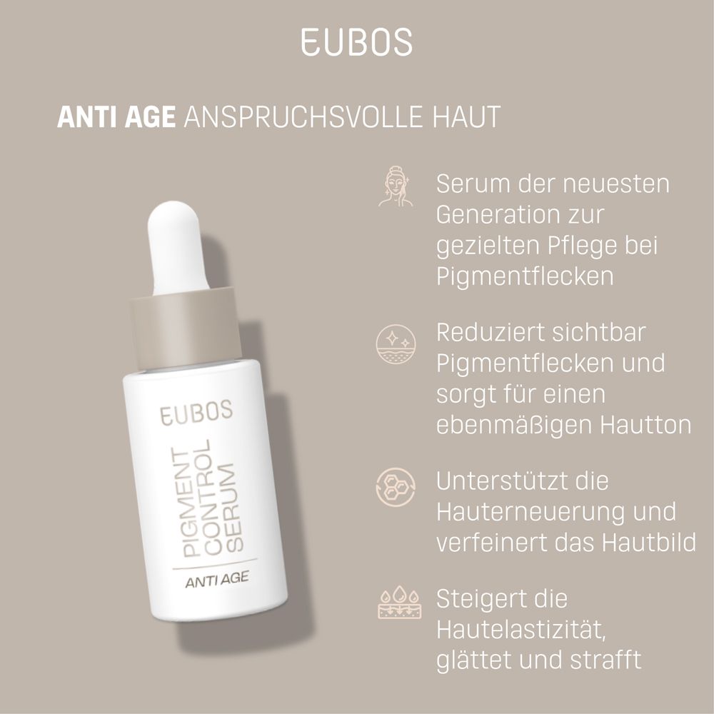 Serumflasche. Aufschrift: EUBOS, Pigment Control Serum, Anti Age. Text über Vorteile für die Haut.