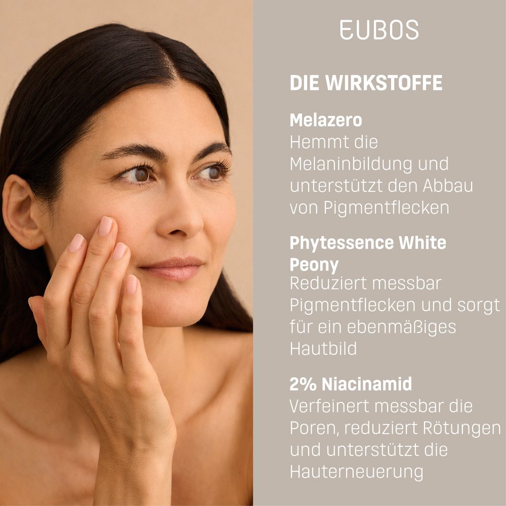 Frau berührt ihr Gesicht. Text: EUBOS, Wirkstoffe. Melazero, Phytessence White Peony, 2% Niacinamid.