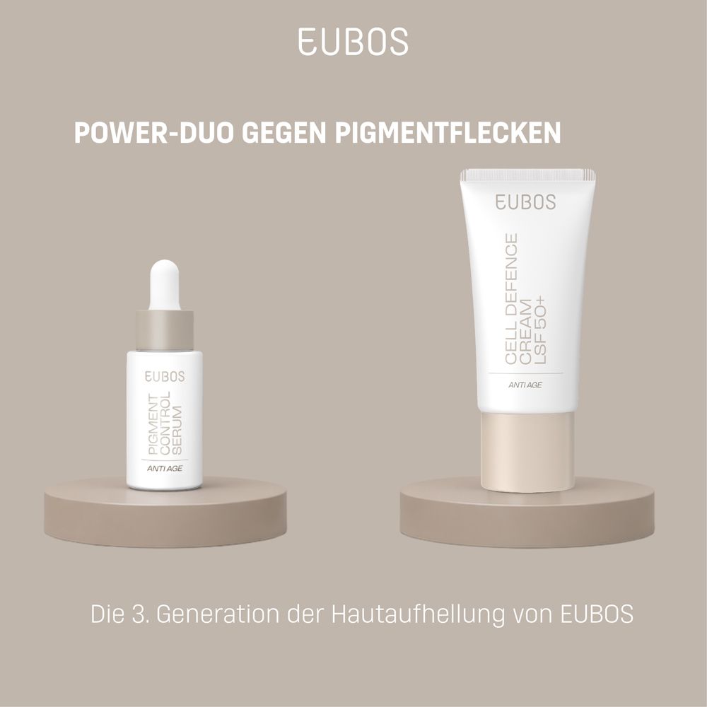 Serumflasche und Creme. Aufschrift: EUBOS, Pigment Control Serum, Cell Defence Cream LSF 50+.