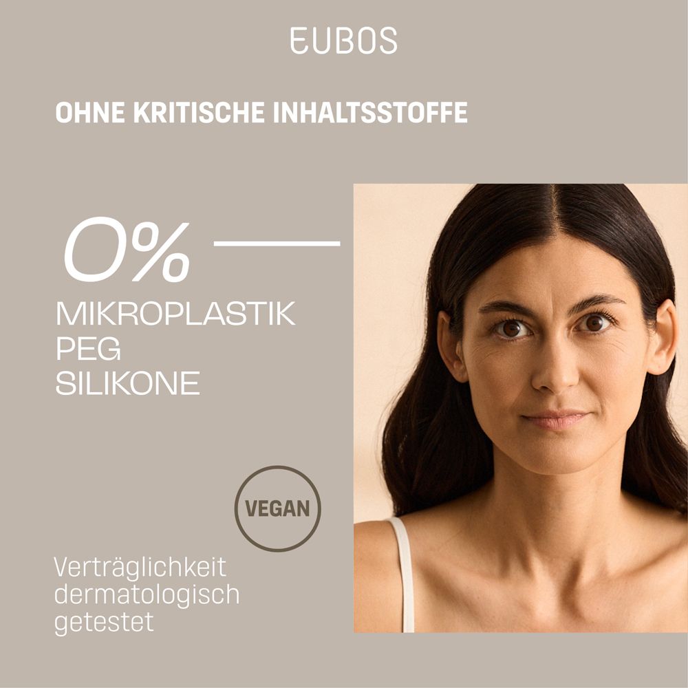 Frau. Text: EUBOS, 0% Mikroplastik, PEG, Silikone. Vegan. Dermatologisch getest.