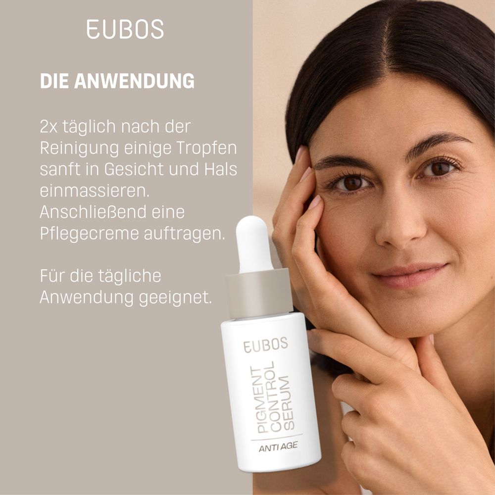 Frau berührt ihr Gesicht. Serumflasche. Text: EUBOS, Pigment Control Serum, Anti Age. Anwendung.