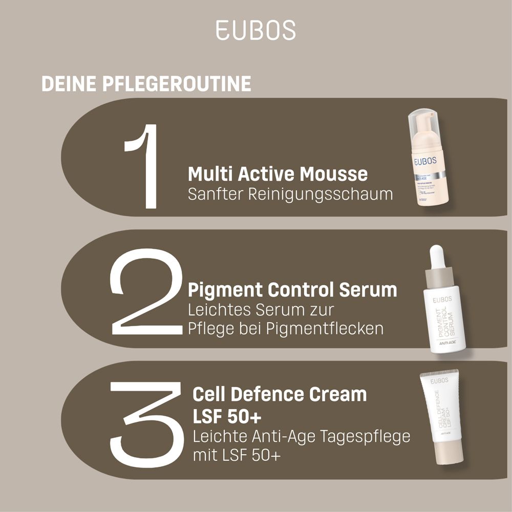 Drei Produkte. Text: EUBOS, Multi Active Mousse, Pigment Control Serum, Cell Defence Cream LSF 50+.