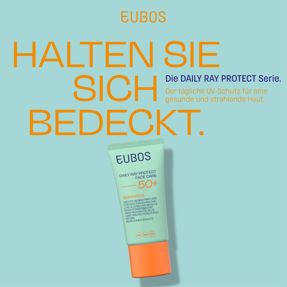 EUBOS Daily Ray Protect Serie. Tube mit Creme, Text und Logo.