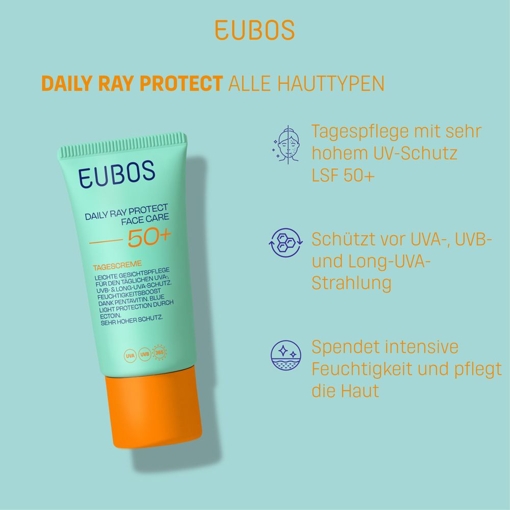 EUBOS Daily Ray Protect, Tube mit Creme, Text und Icons.