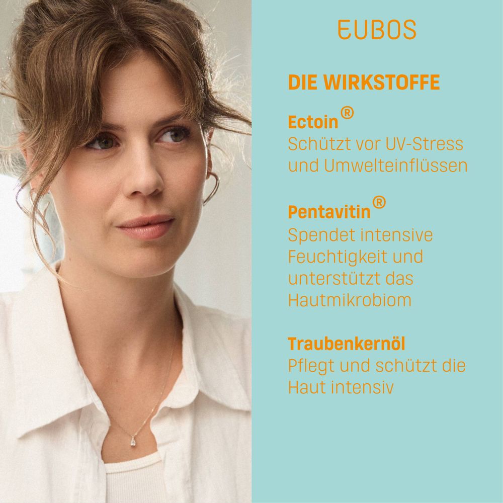 Frau mit Text über Wirkstoffe: Ectoin, Pentavitin, Traubenkernöl.