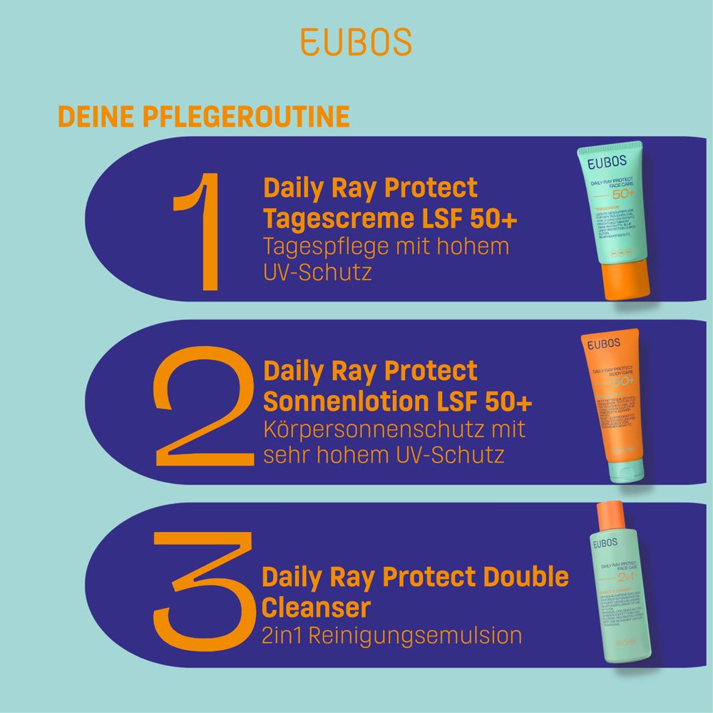 Pflege-Routine mit drei Produkten: Tagescreme, Sonnenlotion, Double Cleanser.