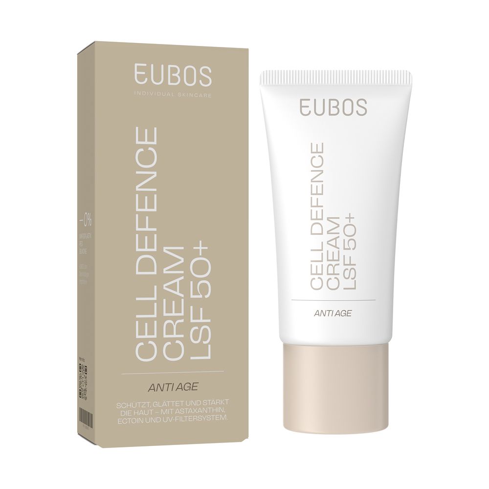 Creme-Tube und Karton. Aufschrift: CELL DEFENCE CREAM LSF 50+. Marke: EUBOS. Beige und weiß.