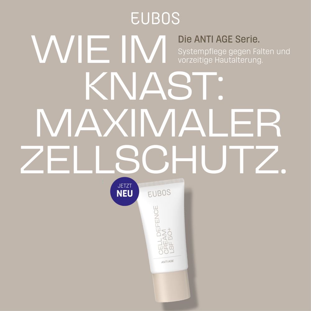 Werbetext mit Creme-Tube. Text: Wie im Knast: maximaler Zellschutz. Marke: EUBOS. Neu.