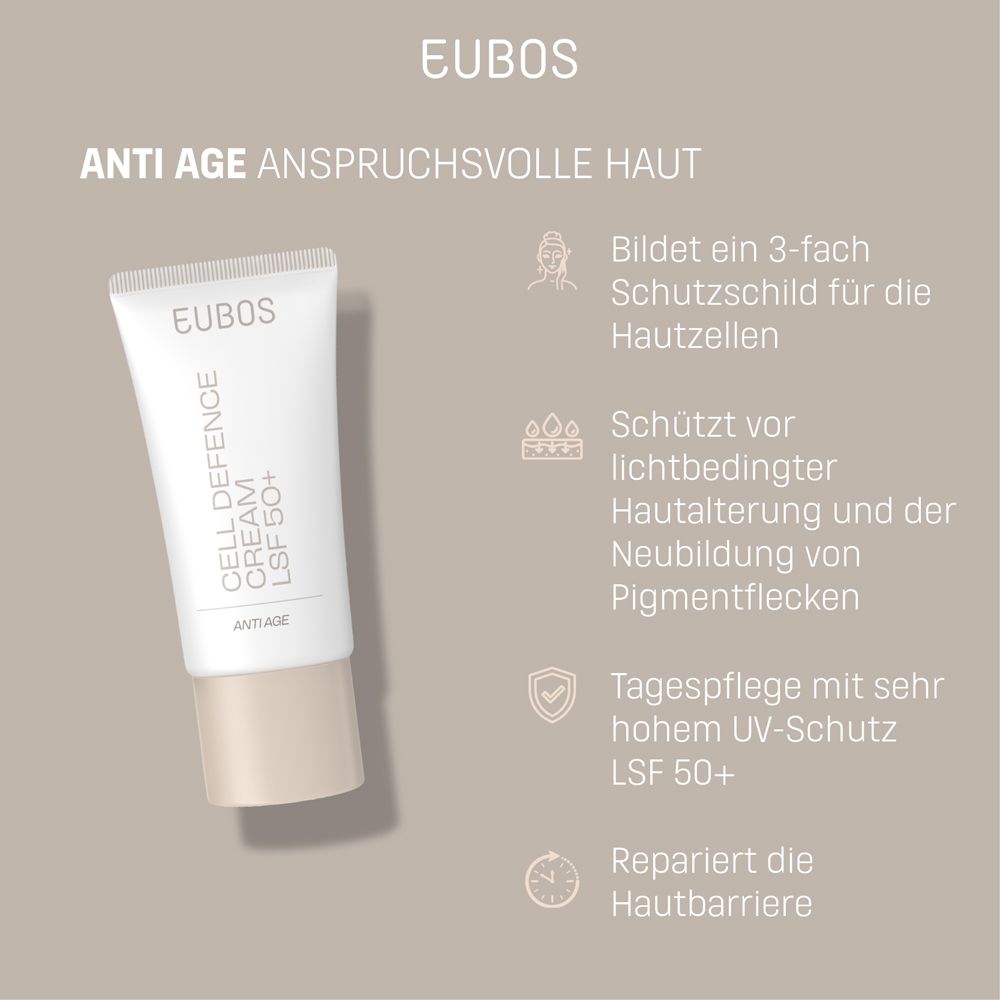 Creme-Tube mit Text. Text: Anti Age anspruchsvolle Haut. Schützt vor Hautalterung. Marke: EUBOS.