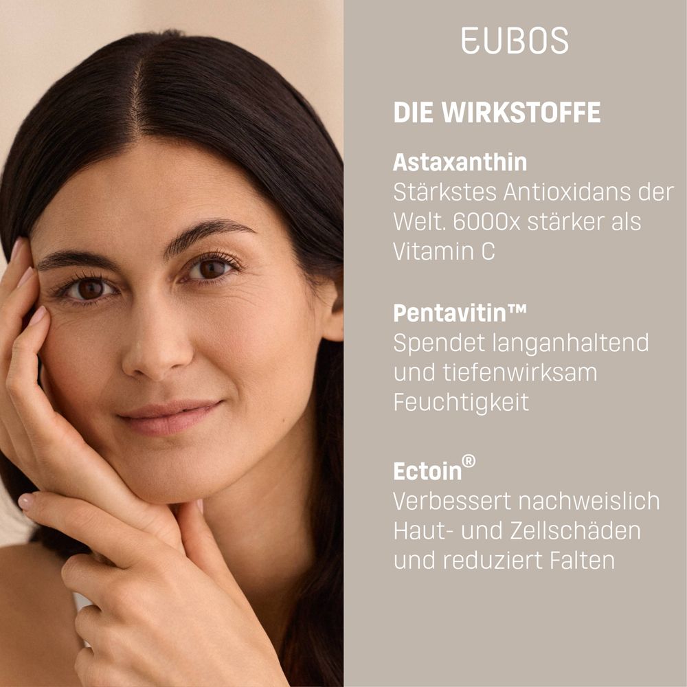 Frau mit Text. Text: Die Wirkstoffe. Astaxanthin, Pentavitin, Ectoin. Marke: EUBOS.