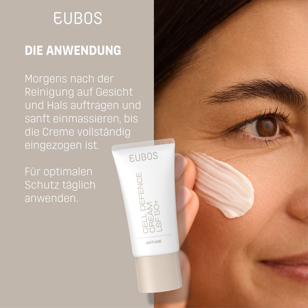 Drei Produkte. Text: Deine Pflegeroutine. Multi Active Mousse, Serum, Cell Defence Cream. Marke: EUBOS.