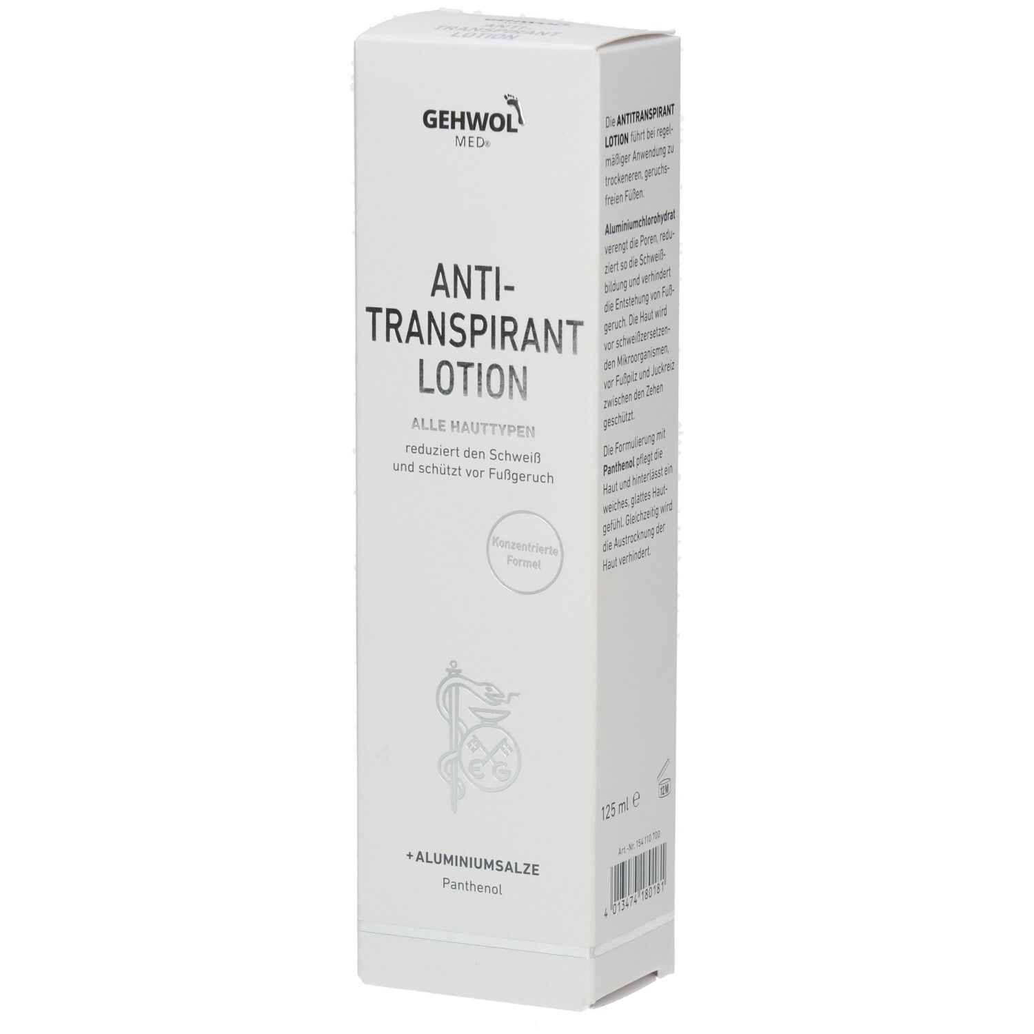 Weiße Schachtel mit GEHWOL MED. Aufschrift, Anti-Transpirant Lotion. Enthält Aluminiumsalze und Panthenol. Für alle Hauttypen.