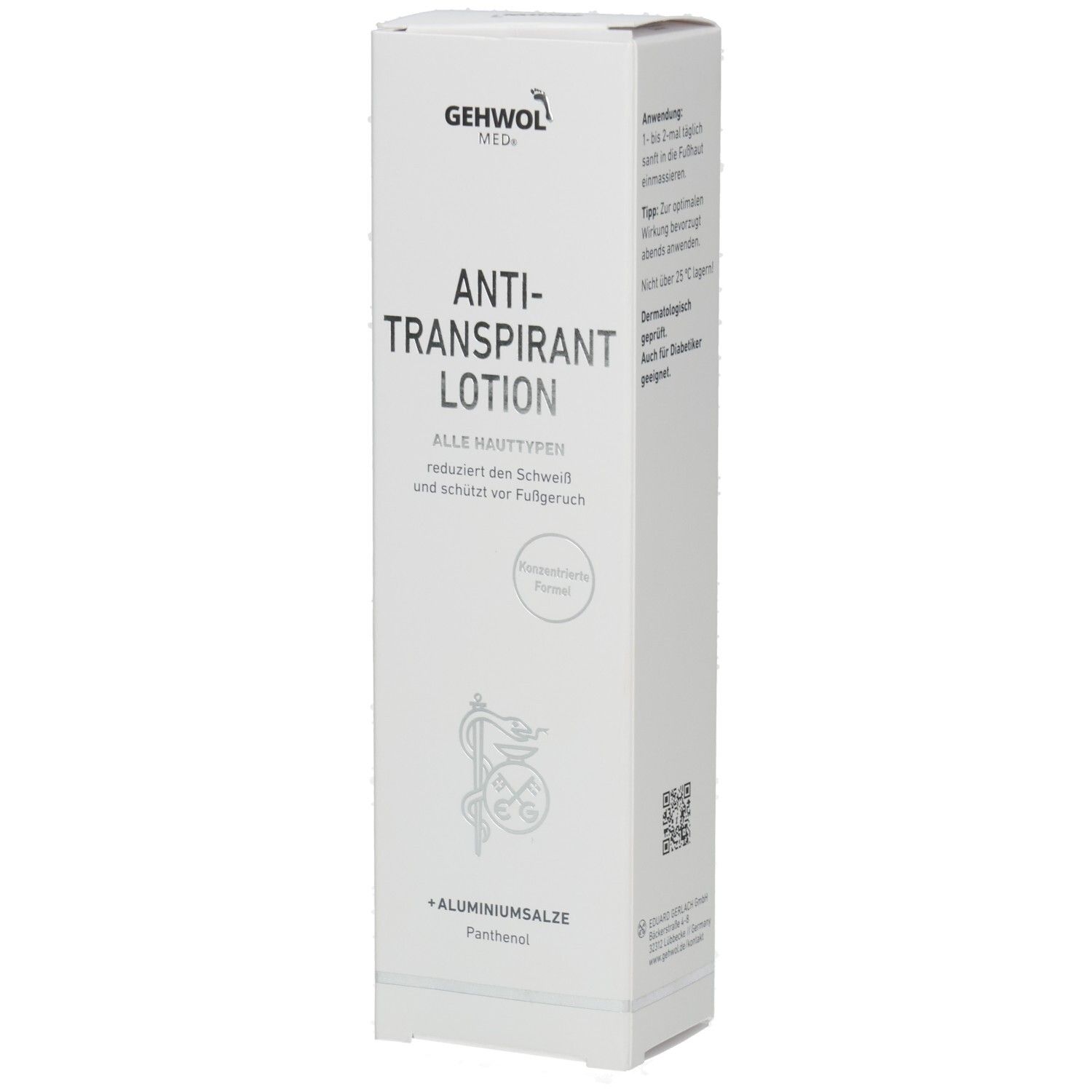 Weiße Schachtel mit GEHWOL MED, Anti-Transpirant Lotion. Enthält Aluminiumsalze und Panthenol. Für alle Hauttypen.