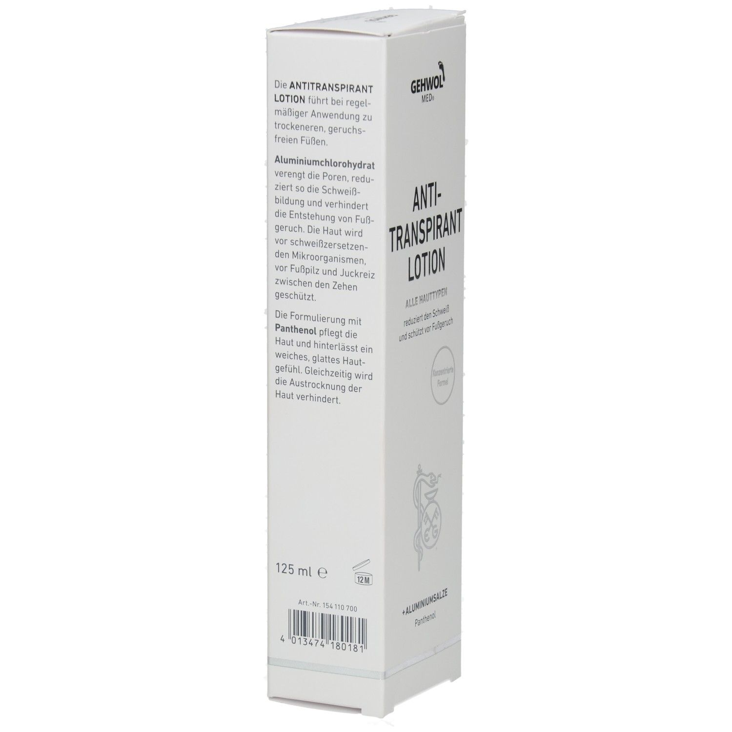 Weiße Schachtel mit GEHWOL MED, Anti-Transpirant Lotion. Beschreibung der Inhaltsstoffe und Wirkung. 125 ml.
