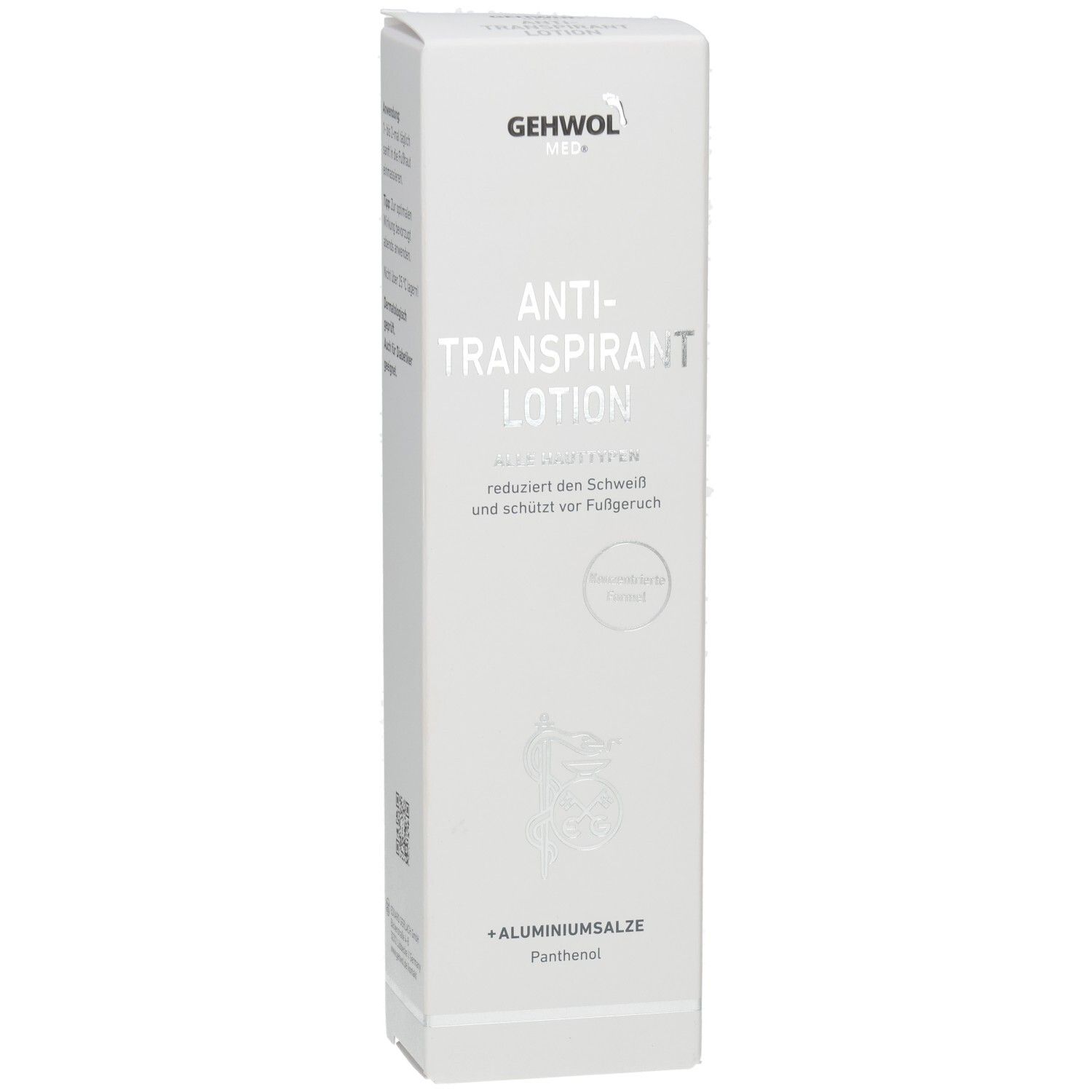 Weiße Schachtel mit GEHWOL MED, Anti-Transpirant Lotion. Für alle Hauttypen. Enthält Aluminiumsalze und Panthenol.