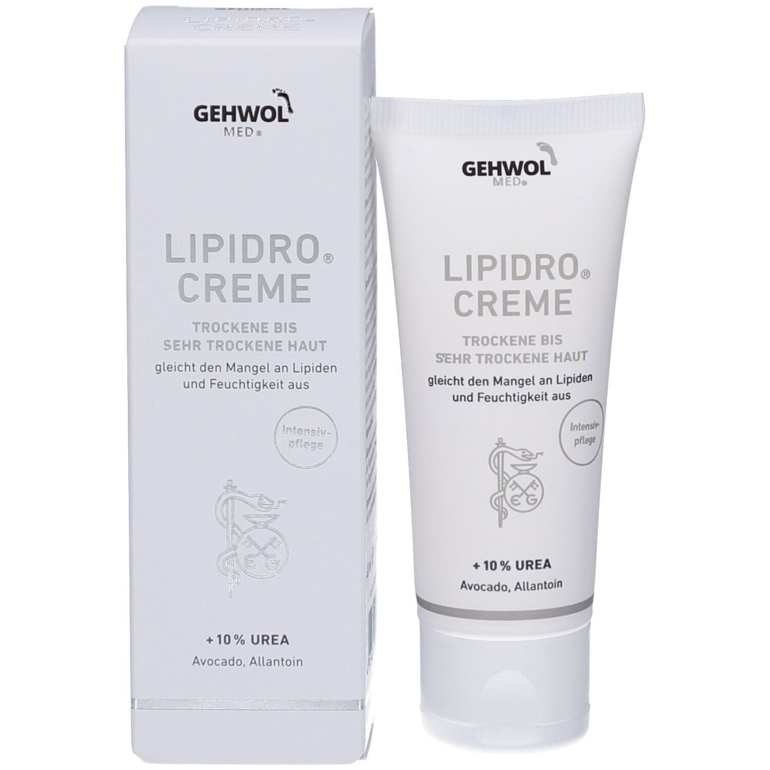 Produktverpackung und Tube. Verpackung: weiß, mit Produktnamen und Logo. Tube: weiß, mit Produktnamen und Logo.