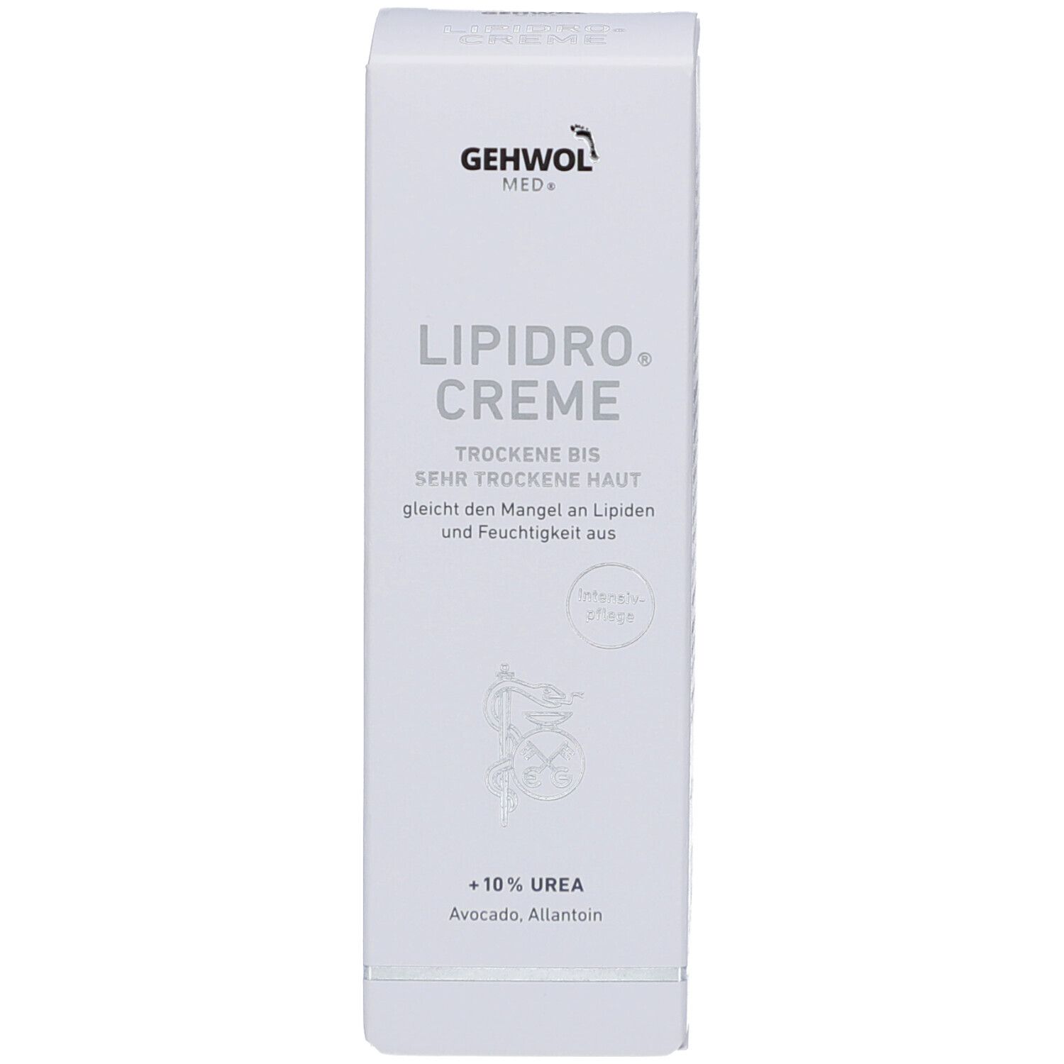 Weiße Produktverpackung. Aufschrift GEHWOL MED Lipidro Creme. Enthält 10% Urea. Apotheken-Symbol.