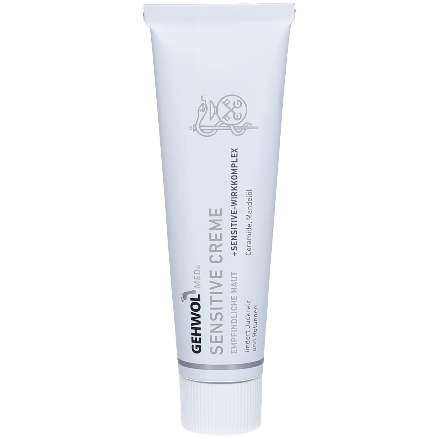 Weiße Tube mit GEHWOL med+ Sensitive Creme. Text: Sensitive Creme, empfindliche Haut. Enthält Ceramide, Mandelöl.
