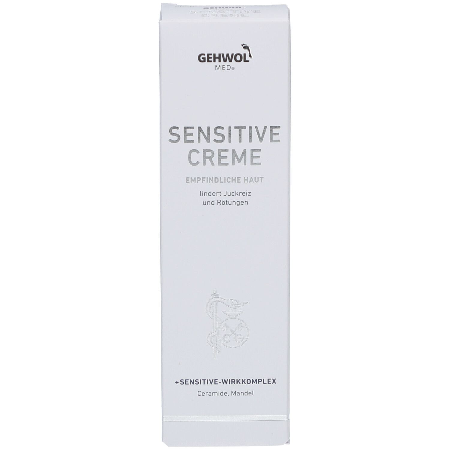 Verpackung von GEHWOL med+ Sensitive Creme. Text: Sensitive Creme, empfindliche Haut. Lindert Juckreiz und Rötungen.