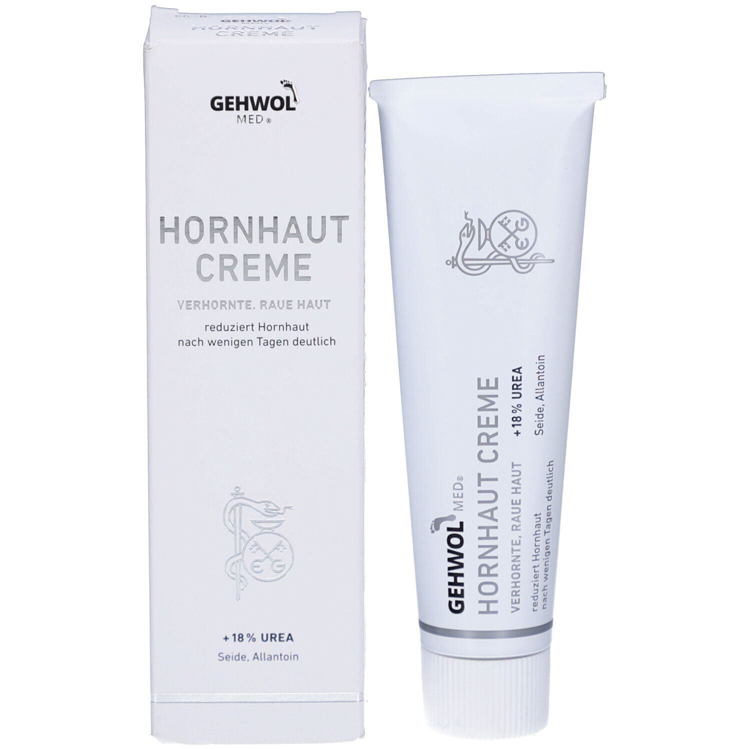 Produktverpackung: Tube und Schachtel. Schachtel mit GEHWOL MED Hornhaut Creme. Text: +18% Urea, Seide, Allantoin.