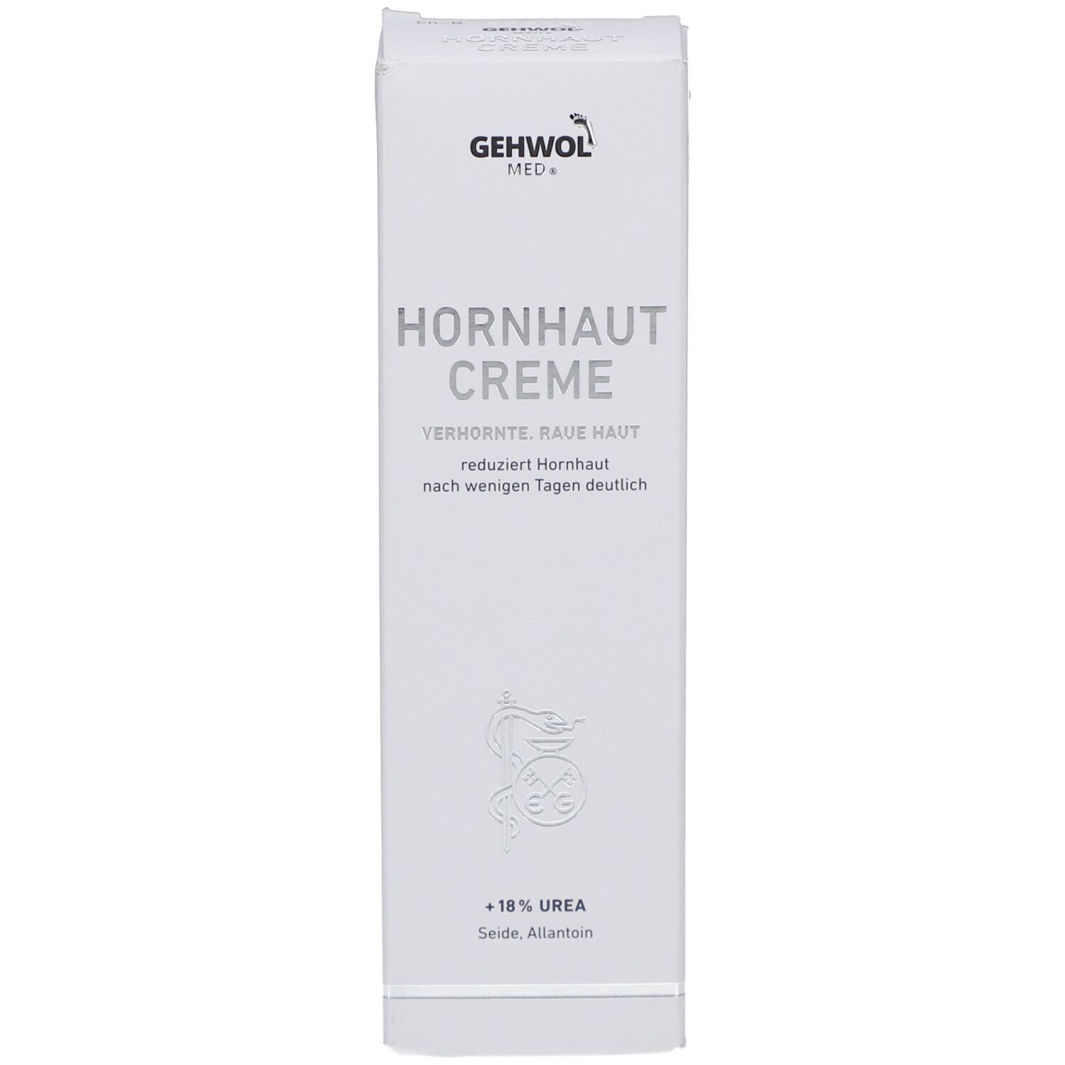Weiße Schachtel mit GEHWOL MED Hornhaut Creme. Text: Hornhaut Creme, +18% Urea, Seide, Allantoin. Logo.