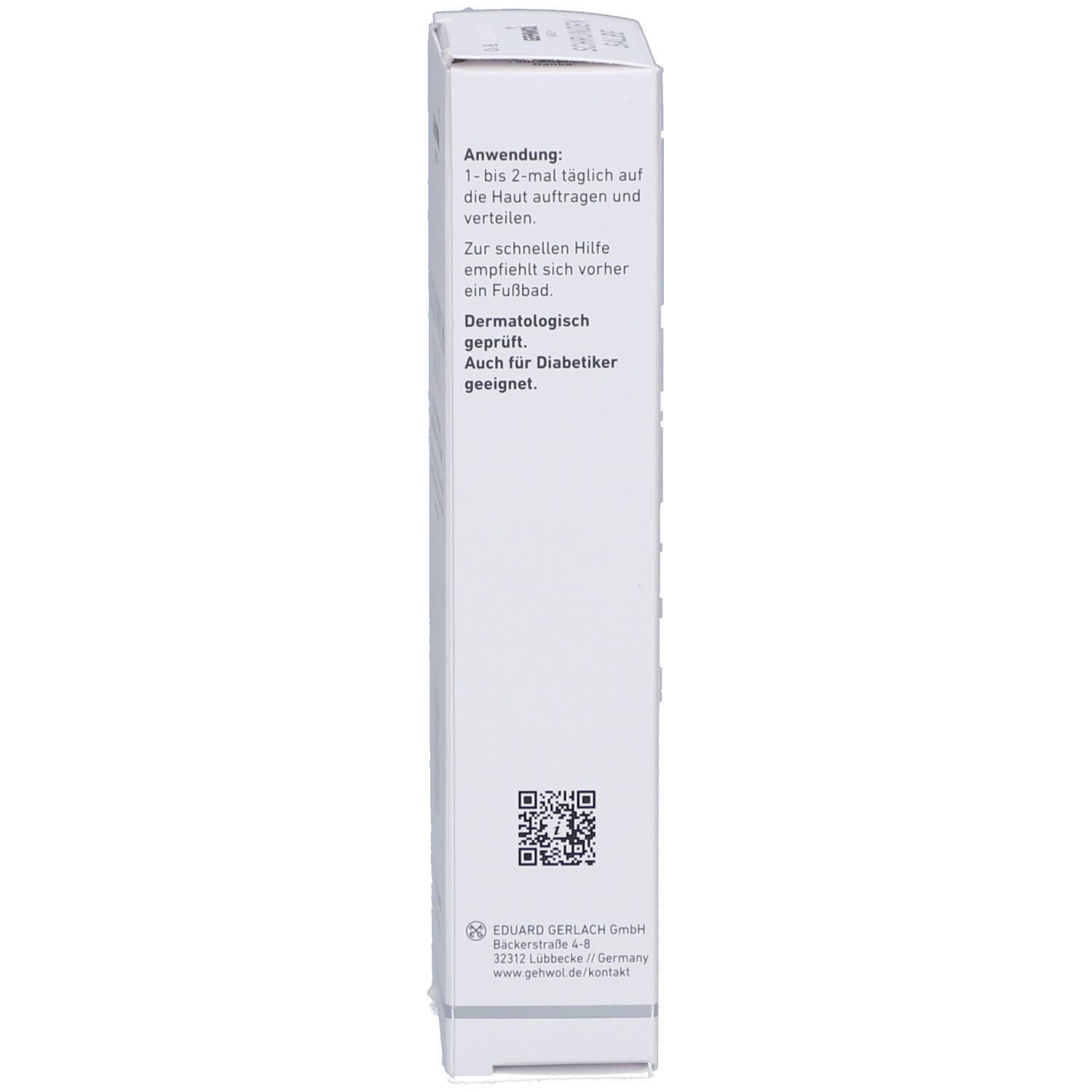 Seite der Schachtel. Text: Anwendung, dermatologisch geprüft, für Diabetiker geeignet. QR-Code und Herstellerinformationen.