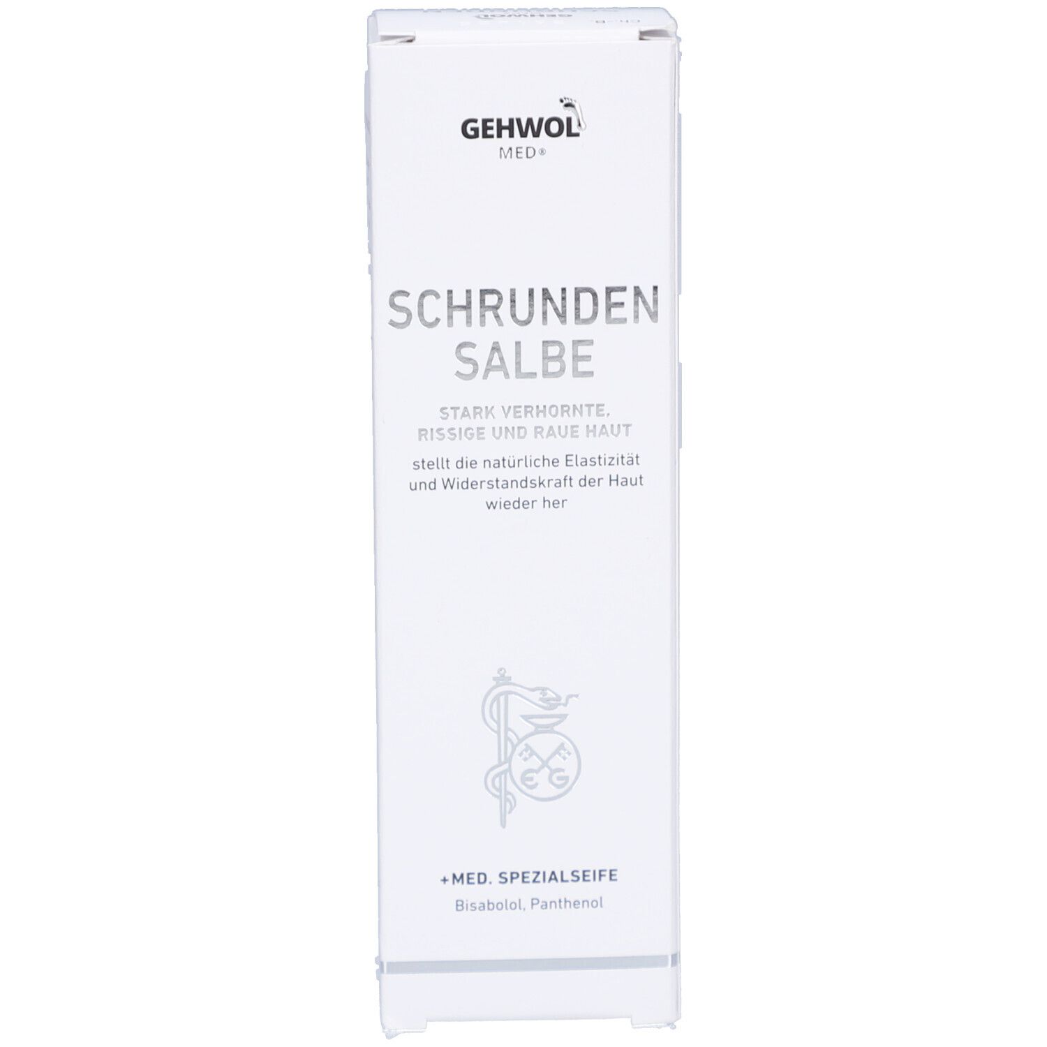 Weiße Schachtel mit Produktbezeichnung und Logo. Text: Schrunden Salbe, Med. Spezialseife. Produktname deutlich sichtbar.