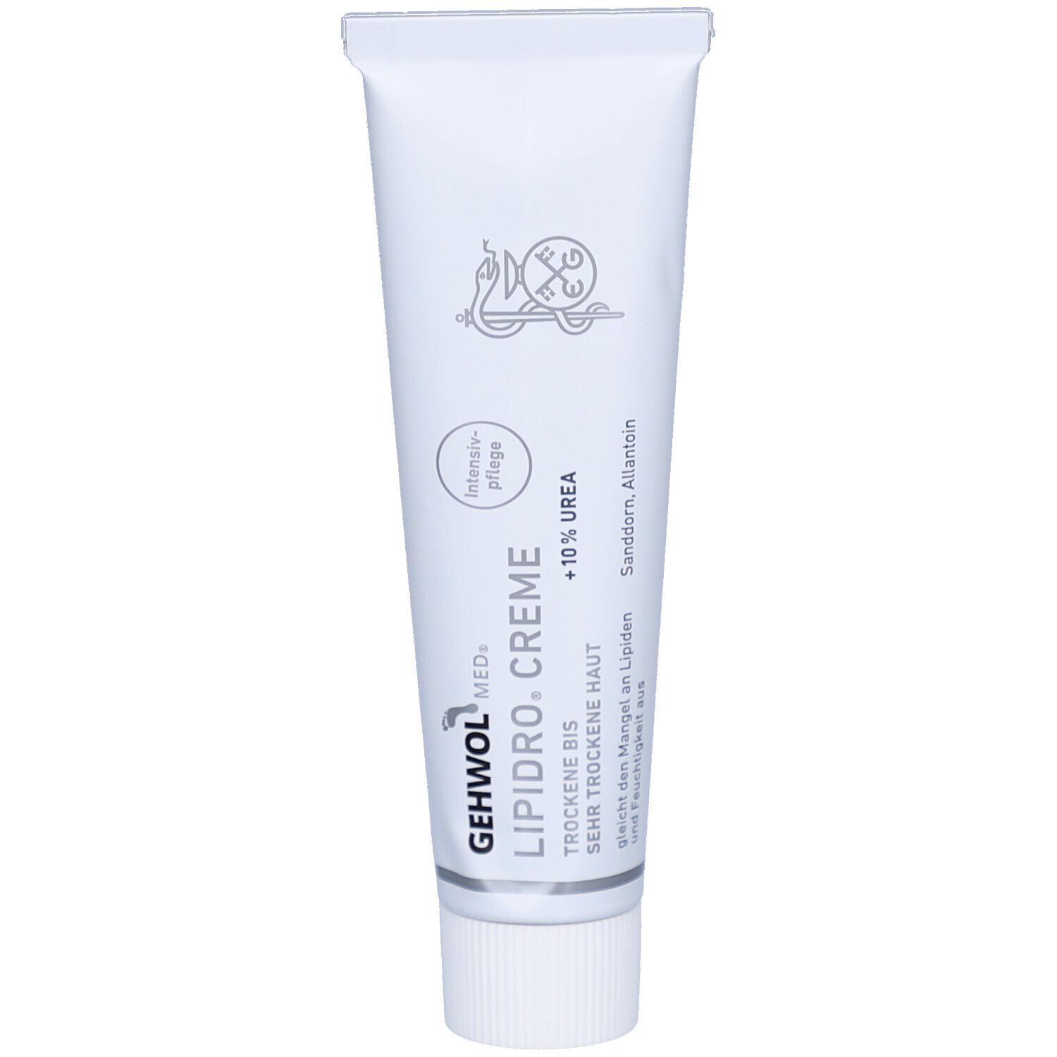 Weiße Tube mit Aufschrift GEHWOL MED Lipidro Creme, 10% Urea. Intensivpflege. Sanddorn, Allantoin.