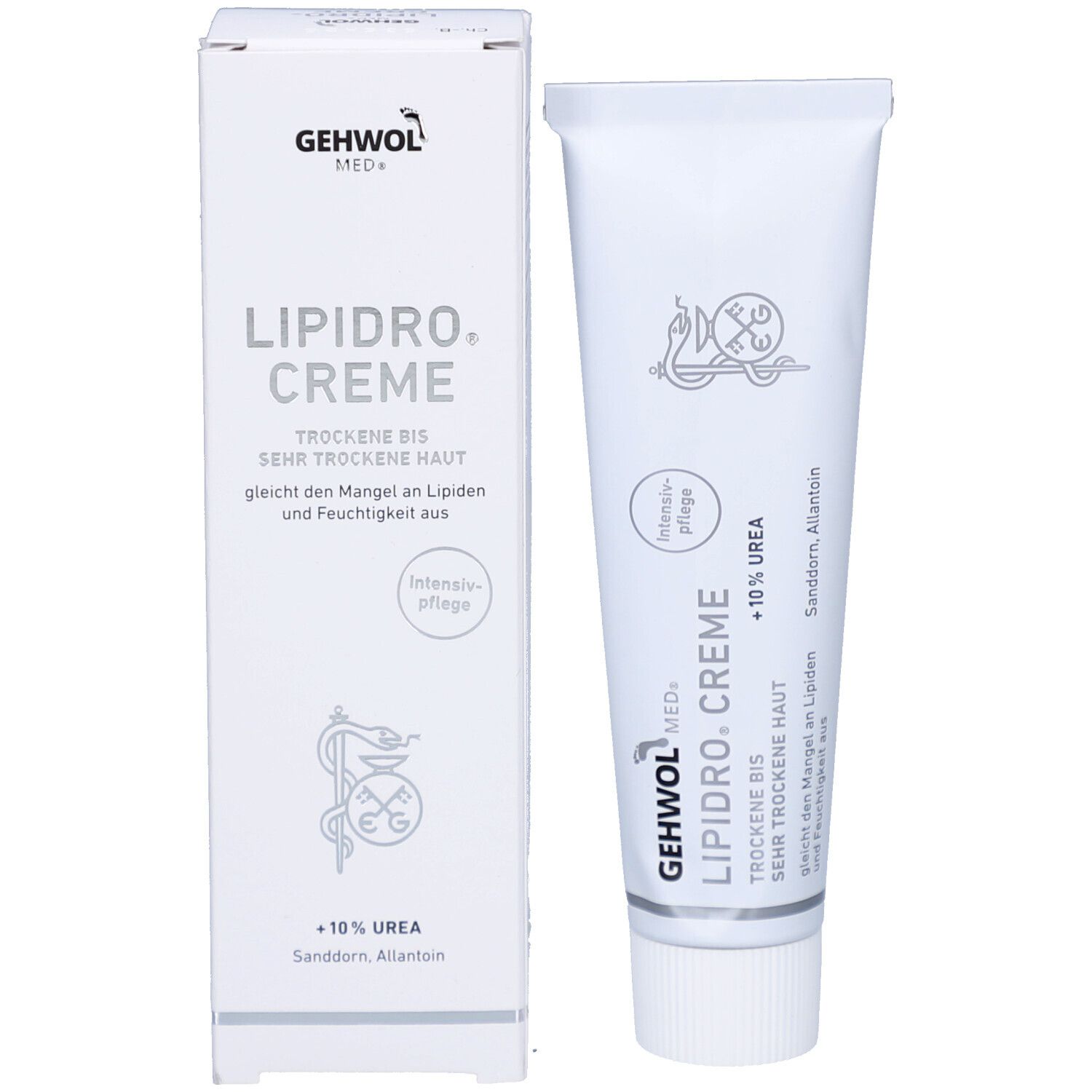Produktverpackung: Tube und Karton. Aufschrift GEHWOL MED Lipidro Creme, 10% Urea. Intensivpflege.