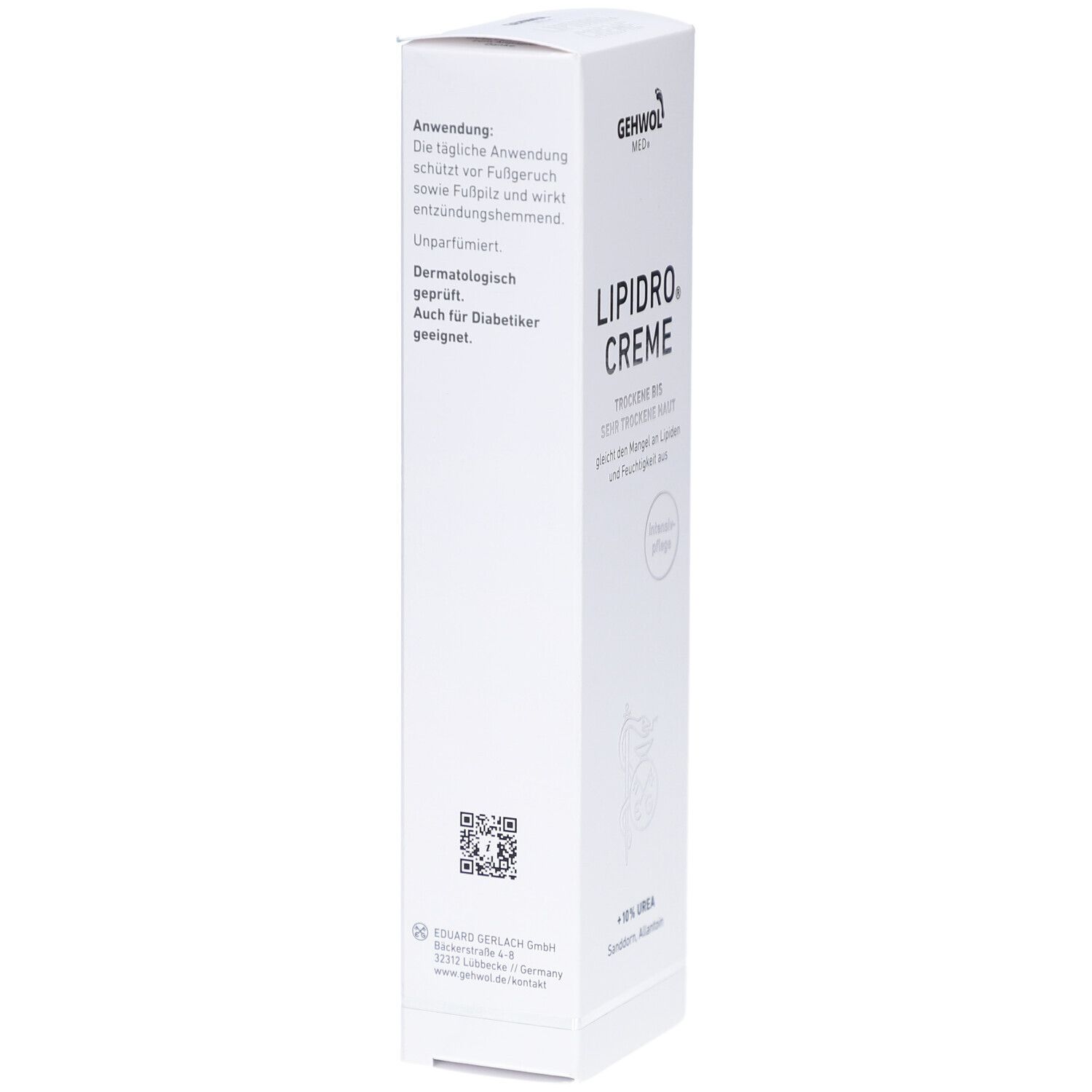 GEHWOL MED Lipidro Creme-Verpackung. Weiße Schachtel mit Produktinformationen und QR-Code. Geeignet für Diabetiker.