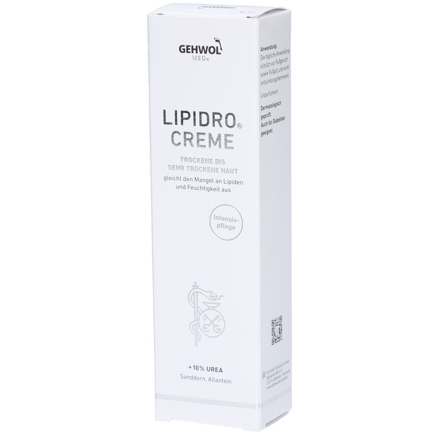 GEHWOL MED Lipidro Creme-Verpackung. Weiße Schachtel mit Produktnamen und Inhaltsangaben. Enthält 10% Urea.