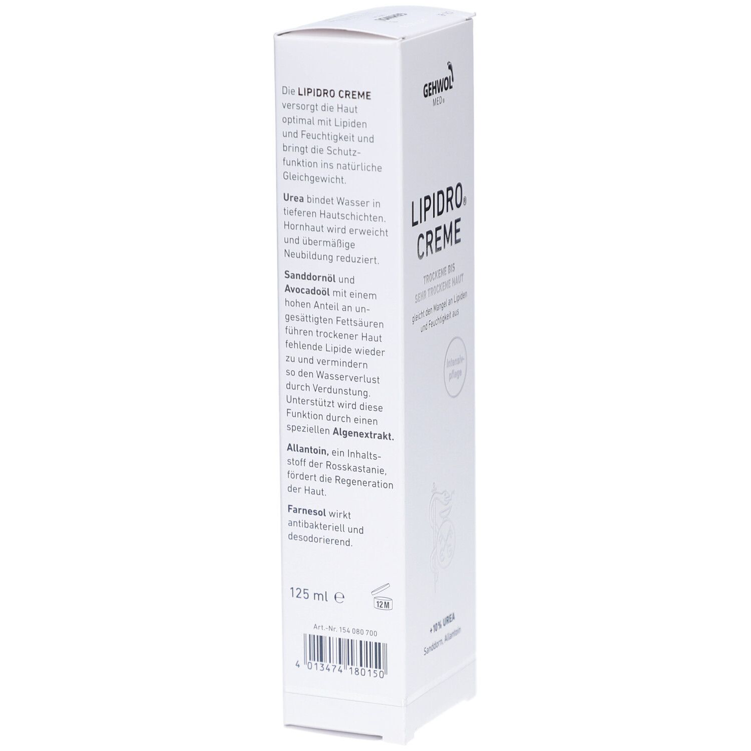 GEHWOL MED Lipidro Creme-Verpackung. Weiße Schachtel mit Produktinformationen und Inhaltsstoffen. 125 ml.